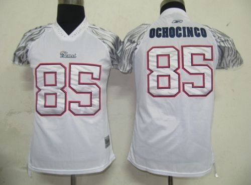Patriots #85 Chad Ochocinco White Women's Zebra Field Flirt Stitched NFL Jersey - Click Image to Close